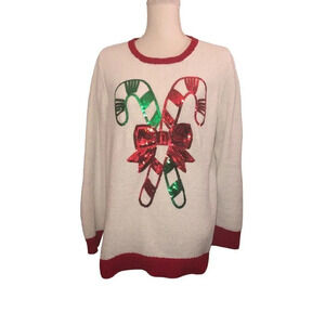 HOLIDAY TIME Sz L Women's White Chenille Red Green Sequin Candy Canes Sweater